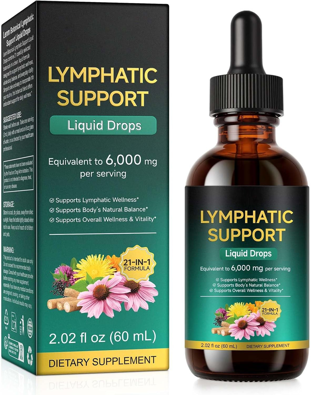Lymphatic Drainage Drops, Support Supplement with Echinacea, Dandelion, Elderberry, Cleavers, Astragalus, Burdock & More, 2 FL OZ - Natural Lymphatic Cleanse & Immune Support